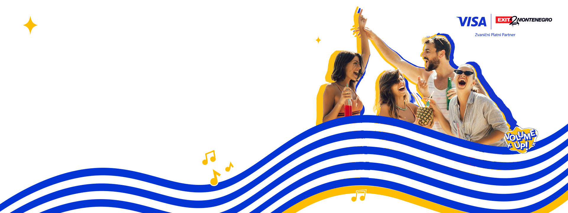 Four people cheerfully raise drinks, surrounded by blue and yellow wave graphics. "VISA" and "EXIT 2 Montenegro" logos with music notes are at the top.