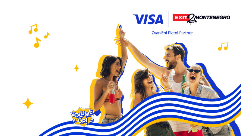 Four people cheerfully raise drinks, surrounded by blue and yellow wave graphics. "VISA" and "EXIT 2 Montenegro" logos with music notes are at the top.