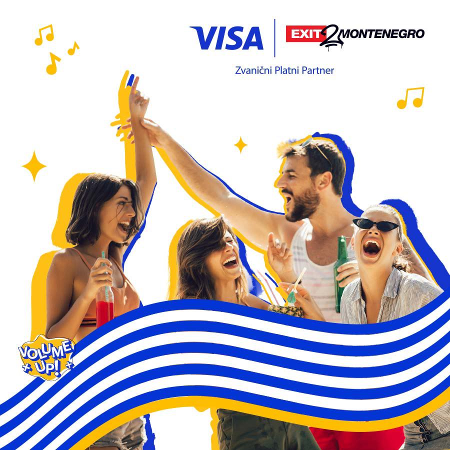Four people cheerfully raise drinks, surrounded by blue and yellow wave graphics. "VISA" and "EXIT 2 Montenegro" logos with music notes are at the top.