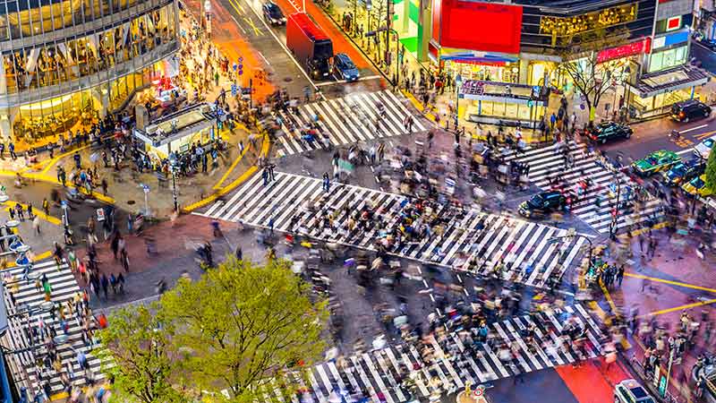 Tokyo, Japan view of Shibuya Crossing, one of the busiest crosswalks in the world