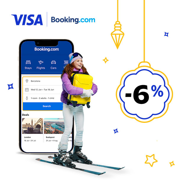Woman on skis and with a suitcase in her hands, on the background there is a phone with an open Booking page. Visa and Booking.com logos