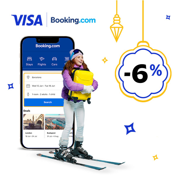 Visa and Booking.com logos