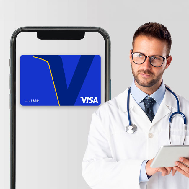 A doctor wearing glasses and a stethoscope holds a tablet, standing beside a smartphone displaying a blue Visa card. The scene conveys professionalism and technology integration.